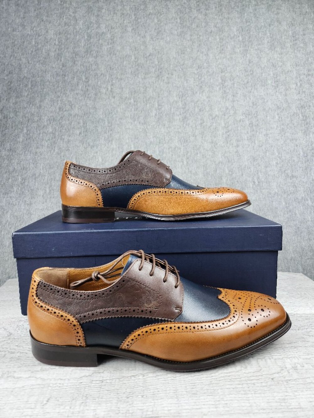 HTELUFU Men 10.5  Tri-Color Leather Wingtip Oxford Dress Shoes Paisley Brogue